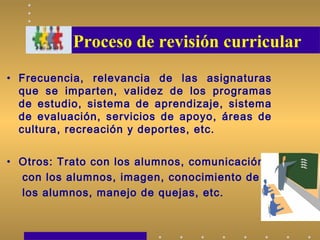 • Frecuencia, relevancia de las asignaturas
que se imparten, validez de los programas
de estudio, sistema de aprendizaje, sistema
de evaluación, servicios de apoyo, áreas de
cultura, recreación y deportes, etc.
• Otros: Trato con los alumnos, comunicación
con los alumnos, imagen, conocimiento de
los alumnos, manejo de quejas, etc.
Proceso de revisión curricular
 