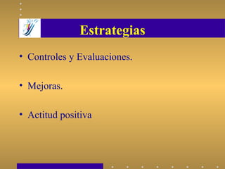 Estrategias
• Controles y Evaluaciones.
• Mejoras.
• Actitud positiva
 