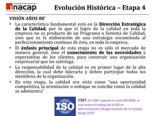 Evolución Histórica – Etapa 4VISIÓN AÑOS 80’La característica fundamental está en la Dirección Estratégica de la Calidad, por lo que el logro de la calidad en toda la empresa no es producto de un Programa o Sistema de Calidad, sino que es la elaboración de una estrategia encaminada al perfeccionamiento continuo de ésta, en toda la empresa.El énfasis principal de esta etapa no es sólo el mercado de manera general, sino el conocimiento de las necesidades y expectativas de los clientes, para construir una organización empresarial que las satisfaga.La responsabilidad de la calidad es en primer lugar de la alta dirección, la cual debe liderarla y deben participar todos los miembros de la organización.En esta etapa, la calidad era vista como “una oportunidad competitiva, la orientación o enfoque se concibe como la calidad se administra” 1987: En 1987 aparece la serie ISO 9000, la cual reúne el trabajo de la ISO en Administración y Aseguramiento de la Calidad desde 1979.
