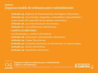 Esquema modelo de ordenanza para e-administración
    Artículo 24. Régimen de funcionamiento del Registro Electrónico.
    Artículo 25. Autenticidad, integridad, confiabilidad, disponibilidad y
    conservación del contenido de los asientos electrónicos.
    Artículo 26. Las comunicaciones electrónicas.
    Artículo 27. Las notificaciones electrónicas.
    CAPÍTULO SÉPTIMO.
    Los documentos y archivos electrónicos.
    Artículo 28. Documento Administrativo electrónico.
    Artículo 29. Copias Electrónicas.
    Artículo 30. Compulsa electrónica de documentos en soporte papel.
    Artículo 31. Archivo Electrónico.
    Artículo 32. Expediente electrónico.




04    Esquema modelo de ordenanza para e-administración
      Calidad y e-administración
      Calidad en la gestión pública local. Zamora, 15 - 17 de noviembre de 2010   26
 