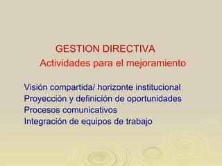 GESTION DIRECTIVA Visión compartida/ horizonte institucional Proyección y definición de oportunidades Procesos comunicativos Integración de equipos de trabajo Actividades para el mejoramiento 