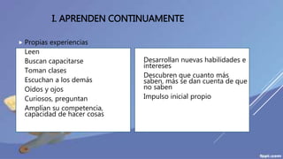 I. APRENDEN CONTINUAMENTE
 Propias experiencias
 Leen
 Buscan capacitarse
 Toman clases
 Escuchan a los demás
 Oídos y ojos
 Curiosos, preguntan
 Amplían su competencia,
capacidad de hacer cosas
 Desarrollan nuevas habilidades e
intereses
 Descubren que cuanto más
saben, más se dan cuenta de que
no saben
 Impulso inicial propio
 