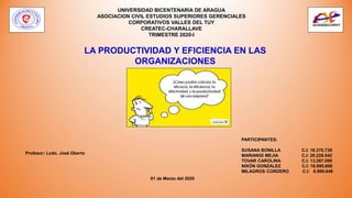 PARTICIPANTES:
SUSANA BONILLA C.I: 18.370.739
MARIANGI MEJIA C.I: 26.226.042
TOVAR CAROLINA C.I: 13.287.000
NIXÓN GONZALEZ C.I: 18.995.608
MILAGROS CORDERO C.I: 6.999.649
UNIVERSIDAD BICENTENARIA DE ARAGUA
ASOCIACION CIVIL ESTUDIOS SUPERIORES GERENCIALES
CORPORATIVOS VALLES DEL TUY
CREATEC-CHARALLAVE
TRIMESTRE 2020-I
LA PRODUCTIVIDAD Y EFICIENCIA EN LAS
ORGANIZACIONES
01 de Marzo del 2020
Profesor: Lcdo. José Oberto
 