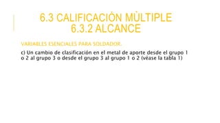 6.3 CALIFICACIÒN MÙLTIPLE
6.3.2 ALCANCE
VARIABLES ESENCIALES PARA SOLDADOR.
c) Un cambio de clasificación en el metal de aporte desde el grupo 1
o 2 al grupo 3 o desde el grupo 3 al grupo 1 o 2 (véase la tabla 1)
 