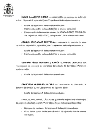 100
EMILIO BALLESTER LÓPEZ es responsable en concepto de autor del
artículo 28 párrafo 2, apartado b) del Código Penal de los siguientes delitos:
- Estafa, del apartado 1 de la anterior conclusión
- Insolvencia punible, del apartado 2 de la anterior conclusión
- Falseamiento de las cuentas anuales de AFINSA BIENES TANGIBLES,
S.A. (ejercicios 1998 a 2002), del apartado 3 de la anterior conclusión
JOAQUÍN JOSÉ ABAJO QUINTANA es responsable en concepto de autor
del artículo 28 párrafo 2, apartado b) del Código Penal de los siguientes delitos:
- Estafa, del apartado 1 de la anterior conclusión
- Insolvencia punible, del apartado 2 de la anterior conclusión
ESTEBAN PÉREZ HERRERO y RAMÓN EGURBIDE URIGOITIA son
responsables en concepto de cómplices del artículo 29 del Código Penal del
siguiente delito:
- Estafa, del apartado 1 de la anterior conclusión
FRANCISCO GUIJARRO LÁZARO es responsable en concepto de
cómplice del artículo 29 del Código Penal del siguiente delito:
- Estafa, del apartado 1 de la anterior conclusión
FRANCISCO GUIJARRO LÁZARO es igualmente responsable en concepto
de autor del artículo 28, párrafo 1º del Código Penal de los siguientes delitos:
- Blanqueo de capitales, del apartado 4 de la anterior conclusión
- Ocho delitos contra la Hacienda Pública, del apartado 5 de la anterior
conclusión.
 