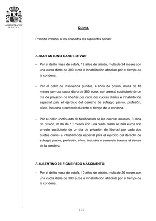 102
Quinta.
Procede imponer a los acusados las siguientes penas:
A JUAN ANTONIO CANO CUEVAS:
- Por el delito masa de estafa, 12 años de prisión, multa de 24 meses con
una cuota diaria de 300 euros e inhabilitación absoluta por el tiempo de
la condena.
- Por el delito de insolvencia punible, 4 años de prisión, multa de 18
meses con una cuota diaria de 300 euros, con arresto sustitutorio de un
día de privación de libertad por cada dos cuotas diarias e inhabilitación
especial para el ejercicio del derecho de sufragio pasivo, profesión,
oficio, industria o comercio durante el tiempo de la condena.
- Por el delito continuado de falsificación de las cuentas anuales, 3 años
de prisión, multa de 10 meses con una cuota diaria de 300 euros con
arresto sustitutorio de un día de privación de libertad por cada dos
cuotas diarias e inhabilitación especial para el ejercicio del derecho de
sufragio pasivo, profesión, oficio, industria o comercio durante el tiempo
de la condena.
A ALBERTINO DE FIGUEIREDO NASCIMENTO:
- Por el delito masa de estafa, 10 años de prisión, multa de 20 meses con
una cuota diaria de 300 euros e inhabilitación absoluta por el tiempo de
la condena.
 