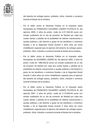 107
del derecho de sufragio pasivo, profesión, oficio, industria o comercio
durante el tiempo de la condena.
- Por el delito contra la Hacienda Pública en el Impuesto sobre
Sociedades de FRANCISCO GUIJARRO LAZARO FILATELIA SL del
ejercicio 2000, 2 años de prisón, multa de 4.211.624,26 euros con
arresto sustitutorio de un día de privación de libertad por cada dos
cuotas diarias y pérdida de la posibilidad de obtener subvenciones o
ayudas públicas y del derecho a gozar de los beneficios o incentivos
fiscales o de la Seguridad Social durante 5 años años así como
inhabilitación especial para el ejercicio del derecho de sufragio pasivo,
profesión, oficio, industria o comercio durante el tiempo de la condena.
- Por el delito contra la Hacienda Pública en el Impuesto sobre
Sociedades de GUIJARRO LAZARO SL del ejercicio 2000, 2 años de
prisón, multa de 1.886.239,32 euros con arresto sustitutorio de un día
de privación de libertad por cada dos cuotas diarias y pérdida de la
posibilidad de obtener subvenciones o ayudas públicas y del derecho a
gozar de los beneficios o incentivos fiscales o de la Seguridad Social
durante 5 años años así como inhabilitación especial para el ejercicio
del derecho de sufragio pasivo, profesión, oficio, industria o comercio
durante el tiempo de la condena.
- Por el delito contra la Hacienda Pública en el Impuesto sobre
Sociedades de FRANCISCO GUIJARRO LAZARO FILATELIA SL del
ejercicio 2001, 2 años de prisón, multa de 3.115.644,44 euros con
arresto sustitutorio de un día de privación de libertad por cada dos
cuotas diarias y pérdida de la posibilidad de obtener subvenciones o
ayudas públicas y del derecho a gozar de los beneficios o incentivos
fiscales o de la Seguridad Social durante 5 años años así como
inhabilitación especial para el ejercicio del derecho de sufragio pasivo,
profesión, oficio, industria o comercio durante el tiempo de la condena.
 