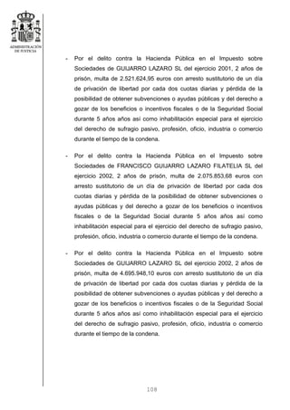 108
- Por el delito contra la Hacienda Pública en el Impuesto sobre
Sociedades de GUIJARRO LAZARO SL del ejercicio 2001, 2 años de
prisón, multa de 2.521.624,95 euros con arresto sustitutorio de un día
de privación de libertad por cada dos cuotas diarias y pérdida de la
posibilidad de obtener subvenciones o ayudas públicas y del derecho a
gozar de los beneficios o incentivos fiscales o de la Seguridad Social
durante 5 años años así como inhabilitación especial para el ejercicio
del derecho de sufragio pasivo, profesión, oficio, industria o comercio
durante el tiempo de la condena.
- Por el delito contra la Hacienda Pública en el Impuesto sobre
Sociedades de FRANCISCO GUIJARRO LAZARO FILATELIA SL del
ejercicio 2002, 2 años de prisón, multa de 2.075.853,68 euros con
arresto sustitutorio de un día de privación de libertad por cada dos
cuotas diarias y pérdida de la posibilidad de obtener subvenciones o
ayudas públicas y del derecho a gozar de los beneficios o incentivos
fiscales o de la Seguridad Social durante 5 años años así como
inhabilitación especial para el ejercicio del derecho de sufragio pasivo,
profesión, oficio, industria o comercio durante el tiempo de la condena.
- Por el delito contra la Hacienda Pública en el Impuesto sobre
Sociedades de GUIJARRO LAZARO SL del ejercicio 2002, 2 años de
prisón, multa de 4.695.948,10 euros con arresto sustitutorio de un día
de privación de libertad por cada dos cuotas diarias y pérdida de la
posibilidad de obtener subvenciones o ayudas públicas y del derecho a
gozar de los beneficios o incentivos fiscales o de la Seguridad Social
durante 5 años años así como inhabilitación especial para el ejercicio
del derecho de sufragio pasivo, profesión, oficio, industria o comercio
durante el tiempo de la condena.
 