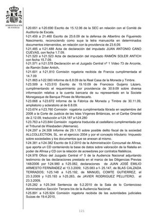 121
f-20.651 a f-20.690 Escrito de 15.12.06 de la SEC en relación con el Comité de
Auditoría de Escala.
f-21.459 a 21.460 Escrito de 25.6.09 de la defensa de Albertino de Figueiredo
Nascimento, reconociendo como suya la letra manuscrita en determinados
documentos intervenidos, en relación con la providencia de 23.6.09.
f-21.485 a f-21.488 Acta de declaración del imputado JUAN ANTONIO CANO
CUEVAS, con fecha 1.7.09.
f-21.520 a f-21.523 Acta de declaración del imputado RAMÓN SOLER ANTICH
con fecha 15.7.09.
f-21.571 a f-21.578 Declaración en el Juzgado Central nº 1 Video 73 de Arconte,
de Ramón Soler Antich.
f-21.601 a f-21,810 Comisión rogatoria recibida de Francia cumplimentada el
14.7.09
f-21.865 a f-22.060 Informe de 6.8.09 de la Real Casa de la Moneda y Timbre.
f-23.509 a f-23.510 Escrito de 19.10.09 de Francisco Guijarro Lázaro,
cumplimentando el requerimiento por providencia de 30.9.09 sobre diversa
información relativa a la cuenta bancaria de su representado en la Societe
Monegasque de Banque Privee de Montecarlo.
f-23.668 a f-23.672 Informe de la Fábrica de Moneda y Timbre de 30.11.09,
ampliatorio y aclaratorio al de 6.8.09.
f-23.674 a f-23.760 Comisión rogatoria cumplimentada librada en septiembre del
2008 a la Corte de Justicia de las Islas Vírgenes Británicas, en el Caribe Oriental
de 2.12.09, traducción a f-24.187 a f-24.280
f-23.763 a f-23.844 Comisión rogatoria traducida al castellano cumplimentada por
el Tribunal de Wiesbaden (Alemania).
f-24.297 a 24.308 Informe de 29.1.10 sobre posible delito fiscal de la sociedad
ALLCOLLECTION, SL. en el ejercicio 2004 y por el concepto tributario: Impuesto
sobre sociedades y los documentos que se anexan al mismo.
f-24.381 a f-24.382 Escrito de 9.2.2010 de la Administración Concursal de Afinsa,
que aporta un CD conteniendo la base de datos sobre valoración de la filatelia en
poder de Afinsa y CD con la relación de acreedores por contratos filatélicos.
f-24.978 Oficio del Juzgado Central nº 5 de la Audiencia Nacional adjuntando
testimonio de las declaraciones prestada en el marco de las Diligencias Previas
148/2006 por f-24.980 a f-25.082, declaraciones de JUAN JOSÉ EMILIO
ARMESTO FERNÁNDEZ el 13.3.2009; f-25.083 a f- 25.147, de BLAS CALZADA
TERRADOS; f-25.148 a f-25.192, de MANUEL COMTE GUTIERREZ, el
23.3.2009 y f-25.193 a f-25.263, de JAVIER RODRIGUEZ PELLITERO, el
23.3.2009.
f-25.282 a f-25.344 Sentencia de 5.2.2010 de la Sala de lo Contencioso
Administrativo Sección Tercera bis de la Audiencia Nacional.
f-25.891 a f-25.924 Comisión rogatoria recibida de las autoridades judiciales
Suizas de 19.4.2010,
 