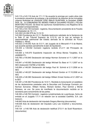 123
f-43.115 a f-43.118 Auto de 17.1.11 Se acuerda la prorroga por cuatro años más
la anotación preventiva de embargo y de prohibición de disponer de los inmuebles
urbanos titularidad de JOAQUIN JOSE ABAJO QUINTANA, la Sociedad JOMIR
DOS, SL., la COMUNIDAD DE BIENES FAMILIA GUIJARRO FEIJOO y FELISA
MONTORO FEIJOO. Se libran los oportunos mandamientos a los Registros de la
Propiedad correspondientes.
f-43.130 a f-43.145 Comisión rogatoria, Documentación procedente de la Fiscalía
de Wiesbaden de 15.1.11,
f-43.356 f-43.394 STS de 13.12.10
f-43.395 Providencia de 2.2.11. Recibido testimonio solicitado de la Sentencia de
la Sala 3ª del Tribunal Supremo de 9.12.10, por la que se rechaza la
responsabilidad patrimonial del Estado derivada de la actividad de Forum
Filatélico y Afinsa,
f-45.022 a f-45.042 Auto de 5.5.11, del Juzgado de lo Mercantil nº 6 de Madrid,
que acuerda aprobar parcialmente el plan de liquidación.
f-45.354 a f-45.552 Comisión rogatoria recibida 21.2.11 del Principado de
Mónaco.
f-45.565 a f-45.570 Expediente Inspección de Afinsa Bienes Tangibles, S.A.
(A28658177).
f-45.790 a f-45.840 Declaración del testigo Norman Scrivener el 11.1.2007 en la
SEC.
f-45.841 a f-45.993 Declaración del testigo Michael Du Baso el 11.1.2007 en la
SEC (traducción f-52768 a f-52.905)
f-45.994 a f-46.091 Declaración del testigo Paul W. Schmid el 2.11.2006 en la
SEC
f-46.092 a f-46.227 Declaración del testigo Richard Gordon el 17.10.2006 en la
SEC
f-46.228 a f-46.380 Declaración del testigo William Ernest Hontos el 9.1.2007 en
la SEC
f-46.381 a f-46.382 Providencia de 14.9.11, Recibida la transcripción al castellano
de las declaraciones prestadas ante la Securities and Exchange Comisión por
Norman Scrivener, William Hontos, Richard Gordon, Paul Schmid y Michel
Dubasso, se une. Se pone de manifiesto la documentación recibida en la
secretaría para conocimiento de las partes.
f-46.393 a f-48.763 Comisión rogatoria cumplimentada de Luxemburgo, fecha de
entrada en el Juzgado 7.7.11 en relación con la sociedad Cashfine, S.A. (sin
traducir).
f-48.842 Acta de declaración del imputado Gregory Manning (documentos)
f-49.038 Acta de declaración del imputado Larry Lee Crawford y documentos.
27.9.11.
f-49.134 a f-49.198 Acta de declaración testifical 27.9.11 de Scott Rosenblum.
(documentos)
 