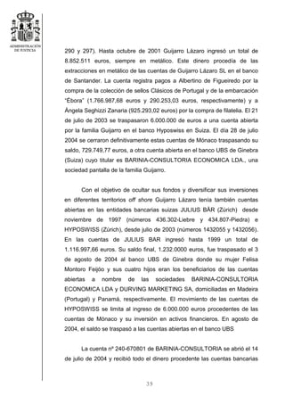 39
290 y 297). Hasta octubre de 2001 Guijarro Lázaro ingresó un total de
8.852.511 euros, siempre en metálico. Este dinero procedía de las
extracciones en metálico de las cuentas de Guijarro Lázaro SL en el banco
de Santander. La cuenta registra pagos a Albertino de Figueiredo por la
compra de la colección de sellos Clásicos de Portugal y de la embarcación
“Ébora” (1.766.987,68 euros y 290.253,03 euros, respectivamente) y a
Ángela Seghizzi Zanaria (925.293,02 euros) por la compra de filatelia. El 21
de julio de 2003 se traspasaron 6.000.000 de euros a una cuenta abierta
por la familia Guijarro en el banco Hyposwiss en Suiza. El día 28 de julio
2004 se cerraron definitivamente estas cuentas de Mónaco traspasando su
saldo, 729.749,77 euros, a otra cuenta abierta en el banco UBS de Ginebra
(Suiza) cuyo titular es BARINIA-CONSULTORIA ECONOMICA LDA., una
sociedad pantalla de la familia Guijarro.
Con el objetivo de ocultar sus fondos y diversificar sus inversiones
en diferentes territorios off shore Guijarro Lázaro tenía también cuentas
abiertas en las entidades bancarias suizas JULIUS BÄR (Zúrich) desde
noviembre de 1997 (números 436.302-Liebre y 434.807-Piedra) e
HYPOSWISS (Zúrich), desde julio de 2003 (números 1432055 y 1432056).
En las cuentas de JULIUS BAR ingresó hasta 1999 un total de
1.116.997,66 euros. Su saldo final, 1.232.0000 euros, fue traspasado el 3
de agosto de 2004 al banco UBS de Ginebra donde su mujer Felisa
Montoro Feijóo y sus cuatro hijos eran los beneficiarios de las cuentas
abiertas a nombre de las sociedades BARINIA-CONSULTORIA
ECONOMICA LDA y DURVING MARKETING SA, domiciliadas en Madeira
(Portugal) y Panamá, respectivamente. El movimiento de las cuentas de
HYPOSWISS se limita al ingreso de 6.000.000 euros procedentes de las
cuentas de Mónaco y su inversión en activos financieros. En agosto de
2004, el saldo se traspasó a las cuentas abiertas en el banco UBS
La cuenta nº 240-670801 de BARINIA-CONSULTORIA se abrió el 14
de julio de 2004 y recibió todo el dinero procedente las cuentas bancarias
 