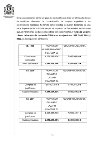 42
lleva a considerarlas como un gasto no deducible que debe ser eliminado de sus
declaraciones tributarias. La contabilización de compras superiores a las
efectivamente realizadas ha tenido como finalidad la elusión deliberada de una
parte importante de la tributación por el Impuesto de Sociedades, de tal modo
que, al incrementar las bases imponibles con esos importes, Francisco Guijarro
Lázaro defraudó a la Hacienda Pública en los ejercicios 1999, 2000, 2001 y
2002, en las siguientes cantidades:
I.S. 1999 FRANCISCO
GUIJARRO LAZARO
FILATELIA SL
GUIJARRO LAZARO SL
Compras no
justificadas
4.261.599,67 € 7.036.984,98 €
Cuota defraudada 1.491.559,88 € 2.462.944,74 €
I.S. 2000 FRANCISCO
GUIJARRO
LAZARO
FILATELIA SL
GUIJARRO LAZARO SL
Compras no
justificadas
12.033.212,16 € 5.389.255,20 €
Cuota defraudada 4.211.624,26 € 1.886.239,32 €
I.S. 2001 FRANCISCO
GUIJARRO
LAZARO
FILATELIA SL
GUIJARRO LAZARO SL
Compras no
justificadas
8.901.841,26 € 7.204.642,71 €
Cuota defraudada 3.115.644,44 € 2.521.624,95 €
 