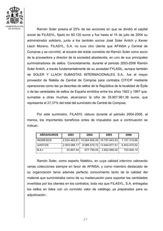 67
Ramón Soler poseía el 25% de las acciones en que se dividió el capital
social de FILASYL, fijado en 60.120 euros y fue hasta el 15 de julio de 2004 su
administrador solidario, junto a los también socios José Soler Antich y Xavier
Llach Moreno. FILASYL, S.A. no tuvo otro cliente que AFINSA y Central de
Compras y se convirtió, al socaire del doble cometido de Ramón Soler como socio
de la proveedora y director de la sociedad abastecida, en uno de sus principales
suministradores de sellos. Concretamente, durante el período 2003-2006 Ramón
Soler Antich, a través fundamentalmente de su sociedad FYLASIL, aunque también
de SOLER Y LLACH SUBASTAS INTERNACIONALES S.A., fue el mayor
proveedor de filatelia de Central de Compras para contratos CIT/CIF mediante
operaciones como las ya descritas de sellos de la República de la localidad de Épila
o de las variedades de sellos de España emitidos entre los años 1922 y 1967 que,
sumadas a otras muchas, alcanzaron la cifra de 35.807.961,38 euros, que
representa el 27,37% del total del suministro de Central de Compras.
Por este suministro, FILASYL obtuvo durante el periodo 2004-2006, al
menos, los importantes beneficios antes de impuestos que a continuación se
indican.
AÑOS/EUROS 2003 2004 2005 2006
INGRESOS 2.524.483,61 10.064.955,00 16.797.843,53 7.157.310,66
GASTOS 2.503.586,17 9.086.570,72 13.944.877,51 6.403.470,52
B.A.I. 20.897,44 977.759,55 2.852.966,02 753.840,14
Ramón Soler, como experto filatélico, en cuya calidad intervino valorando
varias colecciones siempre en favor de AFINSA, y como miembro destacado de
su organización tenía además perfecto conocimiento tanto de la calidad del
material que suministraba como de su inadecuación para soportar las cantidades
invertidas por los clientes en los contratos, toda vez que FILASYL, S.A. entregaba
los sellos en lotes con un concreto valor de catálogo, ya preparados para su
adjudicación .
 