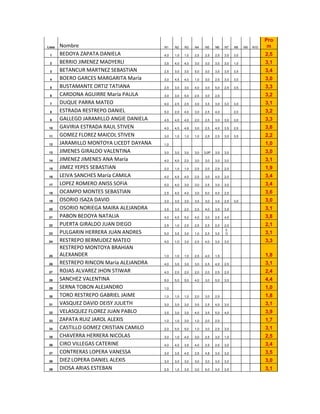 Pro
Lista   Nombre                            N1    N2    N3    N4    N5     N6    N7    N8    N9   N10    m
 1      BEDOYA ZAPATA DANIELA             4,0   1,0   1,0   2,5   2,5    2,5   3,5   3,0              2,5
 2      BERRIO JIMENEZ MADYERLI           3,5   4,0   4,0   3,0   3,0    3,0   3,0   1,0              3,1
 3      BETANCUR MARTNEZ SEBASTIAN        2,5   3,0   3,0   5,0   3,0    3,5   3,5   3,5              3,4
 4      BOERO GARCES MARGARITA María      3,0   4,5   4,0   1,0   3,0    2,5   3,0   3,0              3,0
 5      BUSTAMANTE ORTIZ TATIANA          2,5   3,0   3,0   4,0   3,0    5,0   2,5   3,5              3,3
 6      CARDONA AGUIRRE María PAULA       3,0   3,0   5,0   2,5   3,0    2,5                          3,2
 7      DUQUE PARRA MATEO                 4,0   2,5   2,5   3,0   3,5    3,0   3,0   3,0              3,1
 8      ESTRADA RESTREPO DANIEL           5,0   2,0   4,0   3,0   2,5    4,0         2,0              3,2
 9      GALLEGO JARAMILLO ANGIE DANIELA   4,5   4,0   4,0   2,0   2,5    3,0   3,0   3,0              3,3
 10     GAVIRIA ESTRADA RAUL STIVEN       4,0   4,5   4,8   3,0   2,5    4,0   3,5   2,5              3,6
 11     GOMEZ FLOREZ MAICOL STIVEN        3,0   1,0   1,0   1,0   2,5    2,5   3,0   3,5              2,2
 12     JARAMILLO MONTOYA LICEDT DAYANA   1,0                                                         1,0
 13     JIMENES GIRALDO VALENTINA         3,0   3,0   3,0   3,0   3,0P   3,0   3,0                    3,0
 14     JIMENEZ JIMENES ANA María         4,0   4,0   2,0   3,0   3,0    3,0   3,0                    3,1
 15     JIMEZ YEPES SEBASTIAN             2,0   1,0   1,0   2,5   2,0    2,5   2,0                    1,9
 16     LEIVA SANCHES María CAMILA        4,0   4,5   4,0   2,5   3,0    4,0   2,0                    3,4
 17     LOPEZ ROMERO ANISS SOFIA          5,0   4,0   3,0   3,0   2,5    3,0   3,0                    3,4
 18     OCAMPO MONTES SEBASTIAN           2,5   4,0   4,0   3,0   5,0    4,0   2,5                    3,6
 19     OSORIO ISAZA DAVID                3,0   3,0   3,0   3,5   3,0    3,0   2,5   3,0              3,0
 20     OSORIO NORIEGA MAIRA ALEJANDRA    3,5   3,0   2,0   2,5   4,0    3,5   3,5                    3,1
 21     PABON BEDOYA NATALIA              4,0   4,0   5,0   4,0   3,0    2,5   4,0                    3,8
 22     PUERTA GIRALDO JUAN DIEGO         2,5   1,0   2,5   2,5   2,5    2,0   2,0                    2,1
                                                                                3,
 23     PULGARIN HERRERA JUAN ANDRES      5,0   3,5   3,0   1,0   2,5    3,5    O                     3,1
 24     RESTREPO BERMUDEZ MATEO           4,0   1,O   3,0   2,5   4,0    3,0   3,0                    3,3
        RESTREPO MONTOYA BRAHIAN
 25     ALEXANDER                         1,0   1,0   1,0   2,5   4,0    1,5                          1,8
 26     RESTREPO RINCON María ALEJANDRA   4,0   3,0   3,0   3,0   2,5    4,0   2,5                    3,1
 27     ROJAS ALVAREZ JHON STIWAR         4,0   2,0   2,0   2,0   2,0    2,5   2,0                    2,4
 28     SANCHEZ VALENTINA                 5,0   5,0   5,0   4,0   3,0    5,0   3,5                    4,4
 29     SERNA TOBON ALEJANDRO             1,0                                                         1,0
 30     TORO RESTREPO GABRIEL JAIME       1,0   1,0   1,0   2,0   3,0    2,5                          1,8
 31     VASQUEZ DAVID DEISY JULIETH       3,0   3,0   3,0   3,5   2,5    4,0   3,0                    3,1
 32     VELASQUEZ FLOREZ JUAN PABLO       3,5   3,0   3,5   4,5   3,5    5,0   4,0                    3,9
 33     ZAPATA RUIZ JAROL ALEXIS          1,0   1,0   3,0   1,0   2,0    2,0                          1,7
 34     CASTILLO GOMEZ CRISTIAN CAMILO    2,0   5,0   5,0   1,0   3,0    2,5   3,0                    3,1
 35     CHAVERRA HERRERA NICOLAS          3,0   1,0   4,0   3,0   2,5    3,0   1,0                    2,5
 36     CIRO VILLEGAS CATERINE            4,0   4,0   3,5   4,0   2,5    2,5   3,0                    3,4
 37     CONTRERAS LOPERA VANESSA          3,0   3,5   4,5   2,5   4,8    3,0   3,0                    3,5
 38     DIEZ LOPERA DANIEL ALEXIS         3,0   3,0   3,0   3,0   3,0    3,0   3,0                    3,0
 39     DIOSA ARIAS ESTEBAN               2,5   1,0   3,5   3,0   5,0    3,0   3,5                    3,1
 
