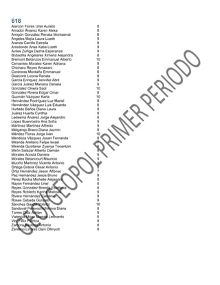 618
Alarcón Flores Uriel Aurelio 8
Amador Álvarez Karen Alexa 8
Amigón González Renata Montserrat 8
Ángeles Mejía Laura Lizeth 9
Aranza Carrillo Estrella 8
Arredondo Arias Katia Lizeth 9
Aviles Zúñiga Dezna Esperanza 9
Bobadilla Angelares Ximena Alejandra 8
Bremont Betanzos Emmanuel Alberto 10
Cervantes Morales Karen Adriana 8
Chicharo Reyes Amairani 8
Contreras Montaño Emmanuel 6
Diazconti Licona Renata 8
García Enriquez Jennifer Abril 9
García Juárez Mariana Daniela 9
González Olvera Saúl 10
González Rivera Edgar Omar 8
Guzmán Vázquez Karla 10
Hernández Rodríguez Luz Mariel 8
Hernández Vázquez Luis Eduardo 6
Hurtado Baños Diana Laura 9
Juárez Huerta Cynthia 9
Ledesma Álvarez Jorge Alejandro 8
López Buenrostro Ana Sofía 9
Martínez Martínez Alfredo 9
Melgarejo Bravo Diana Jazmin 8
Méndez Flores Jorge Iván 10
Mendoza Vázquez Josari Fernanda 8
Miranda Arellano Felipe Israel 7
Miranda Quintanar Zyanya Tonantzin 9
Mirón Salazar Alberto Damián 8
Morales Acosta Daniela 9
Morales Betancourt Mauricio 9
Muciño Martínez Vicente Antonio 8
Ortega Cotera César Antonio 8
Ortiz Hernández Jason Alfonso 7
Paz Hernández Jesús Bruno 9
Pérez Rocha Michelle Alejandra 8
Rayón Fernández Uriel 8
Reyes González Brenda Estefania 8
Reyes Robledo Karina Malinalli 9
Rivera Hernández Carolina 9
Rosas Cebada Gonzalo 9
Sánchez García Yolintzi 10
Sandoval Perevochtchikova Diana 8
Torres Cruz Adrián 9
Valencia Moya Marcos Leonardo 6
Vez Félix Patricia 9
Zamora Bautista Antonio 8
Zenteno Linares Dani Ollinyotl 8
 