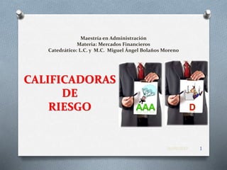 Maestría en Administración
Materia: Mercados Financieros
Catedrático: L.C. y M.C. Miguel Ángel Bolaños Moreno
CALIFICADORAS
DE
RIESGO
01/05/2017 1
 