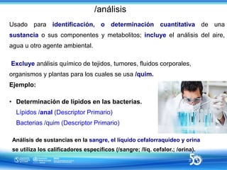 /análisis
Usado para identificación, o determinación cuantitativa de una
sustancia o sus componentes y metabolitos; incluy...