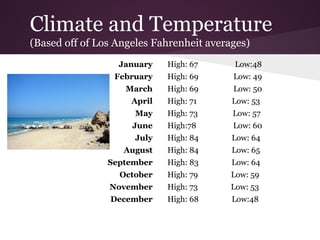 Climate and Temperature
(Based off of Los Angeles Fahrenheit averages)
                  January    High: 67     Low:48
                 February    High: 69     Low: 49
                    March    High: 69     Low: 50
                     April   High: 71     Low: 53
                      May    High: 73     Low: 57
                     June    High:78      Low: 60
                      July   High: 84     Low: 64
                   August    High: 84     Low: 65
                September    High: 83     Low: 64
                  October    High: 79     Low: 59
                November     High: 73     Low: 53
                December     High: 68     Low:48
 