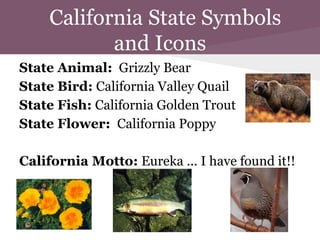 California State Symbols
            and Icons
State Animal: Grizzly Bear
State Bird: California Valley Quail
State Fish: California Golden Trout
State Flower: California Poppy

California Motto: Eureka ... I have found it!!
 