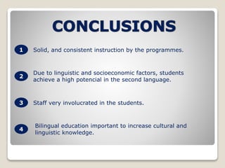 1 
2 
3 
4 
Solid, and consistent instruction by the programmes. 
Due to linguistic and socioeconomic factors, students 
achieve a high potencial in the second language. 
Staff very involucrated in the students. 
Bilingual education important to increase cultural and 
linguistic knowledge. 
