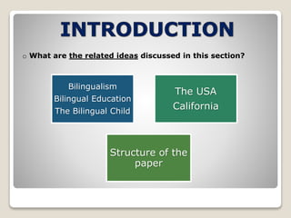 o What are the related ideas discussed in this section? 
Bilingualism 
Bilingual Education 
The Bilingual Child 
The USA 
California 
Structure of the 
paper 
 