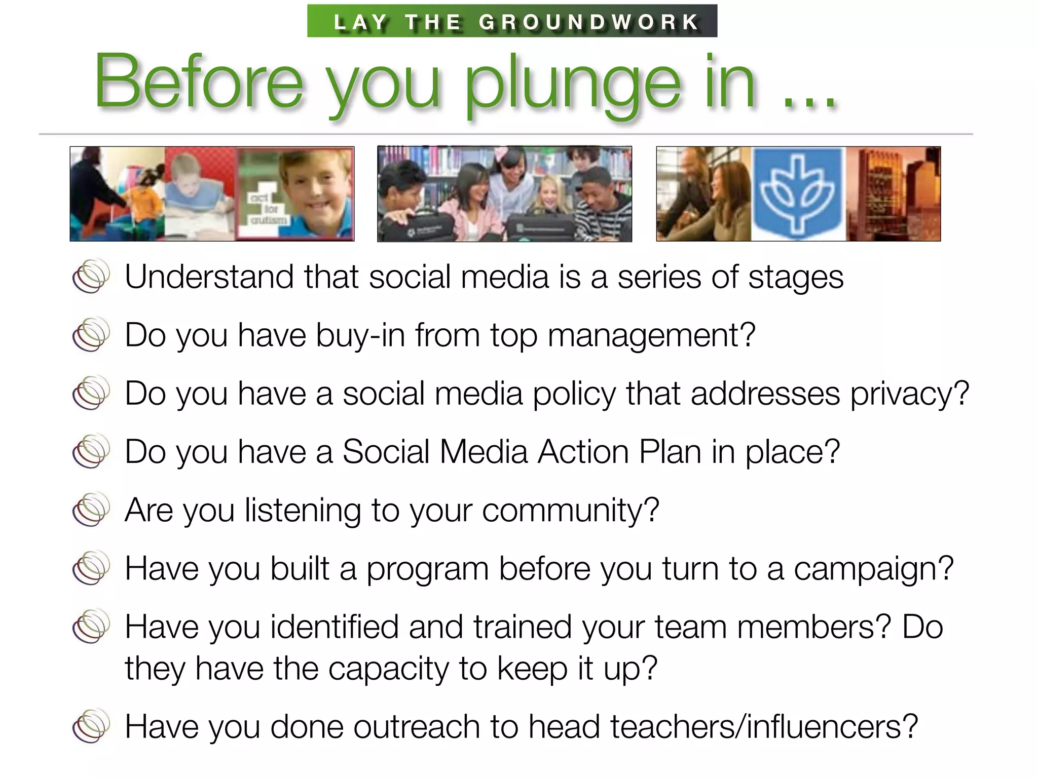 L AY T H E G R O U N D W O R K


Before you plunge in ...

 Understand that social media is a series of stages
 Do you have buy-in from top management?
 Do you have a social media policy that addresses privacy?
 Do you have a Social Media Action Plan in place?
 Are you listening to your community?
 Have you built a program before you turn to a campaign?
 Have you identiﬁed and trained your team members? Do
 they have the capacity to keep it up?
 Have you done outreach to head teachers/inﬂuencers?
 