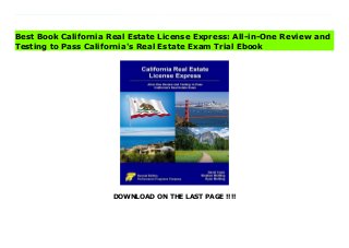 DOWNLOAD ON THE LAST PAGE !!!!
Download Here https://ebooklibrary.solutionsforyou.space/?book=0915777657 Features of California Real Estate License Express (CA-RELE):General Principles &Law Key Point Review (60 pages) California-Specific Principles and Laws (56 pages) Real Estate Math Key Formula Review &Practice (17 pages) General Real Estate Practice Tests (500 questions) California State-Level Practice Tests (90 questions) California Practice Exam (150 questions)We know the real estate licensing exam can be tough, and very nerve-wracking to prepare for. That's why we created the California Real Estate License Express (CA-RELE) the way we did. Since we have been managing real estate schools and developing curriculum for forty years, we know how all this works - or fails to work. CA-RELE is comprehensive in that it contains both key content review and testing practice. And the text review is California-specific - not just simplistic generic content, but terse, relevant and accurate state laws and regulations presented in a well-organized set of 'key point reviews' which are ideal for pre-test memorization. Finally, our real estate principles and practices content, as well as our question selection, is further tailored to the state testing outline promulgated by the California Department of Real Estate (DRE). Therefore, the selected legal points and test questions reflect the topic emphasis of your California license exam.A word about the test questions... CA-RELE's testing practice section consists of ten general practice tests, three California state law tests, and one state exam simulation test. The questions are direct, to the point, and designed to test your understanding. When you have completed a given test, you can check your answers against the answer key in the appendix. To enhance your learning and preparations, each question's answer is accompanied by a brief explanation, or rationale underlying the correct answer.In the end, as you know, it's all up to you. Unlike other publications, we are not going to tell you that
using this book will guarantee that you pass your state exam. It still takes hard work and study to pass. But we have done our best here to get you ready. Following that, the most we can do is wish you the best of success in taking and passing your California real estate exam. So good luck!! Download Online PDF California Real Estate License Express: All-in-One Review and Testing to Pass California's Real Estate Exam Read PDF California Real Estate License Express: All-in-One Review and Testing to Pass California's Real Estate Exam Download Full PDF California Real Estate License Express: All-in-One Review and Testing to Pass California's Real Estate Exam
Best Book California Real Estate License Express: All-in-One Review and
Testing to Pass California's Real Estate Exam Trial Ebook
 