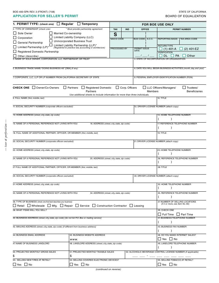 california sellers permit application boe form 401