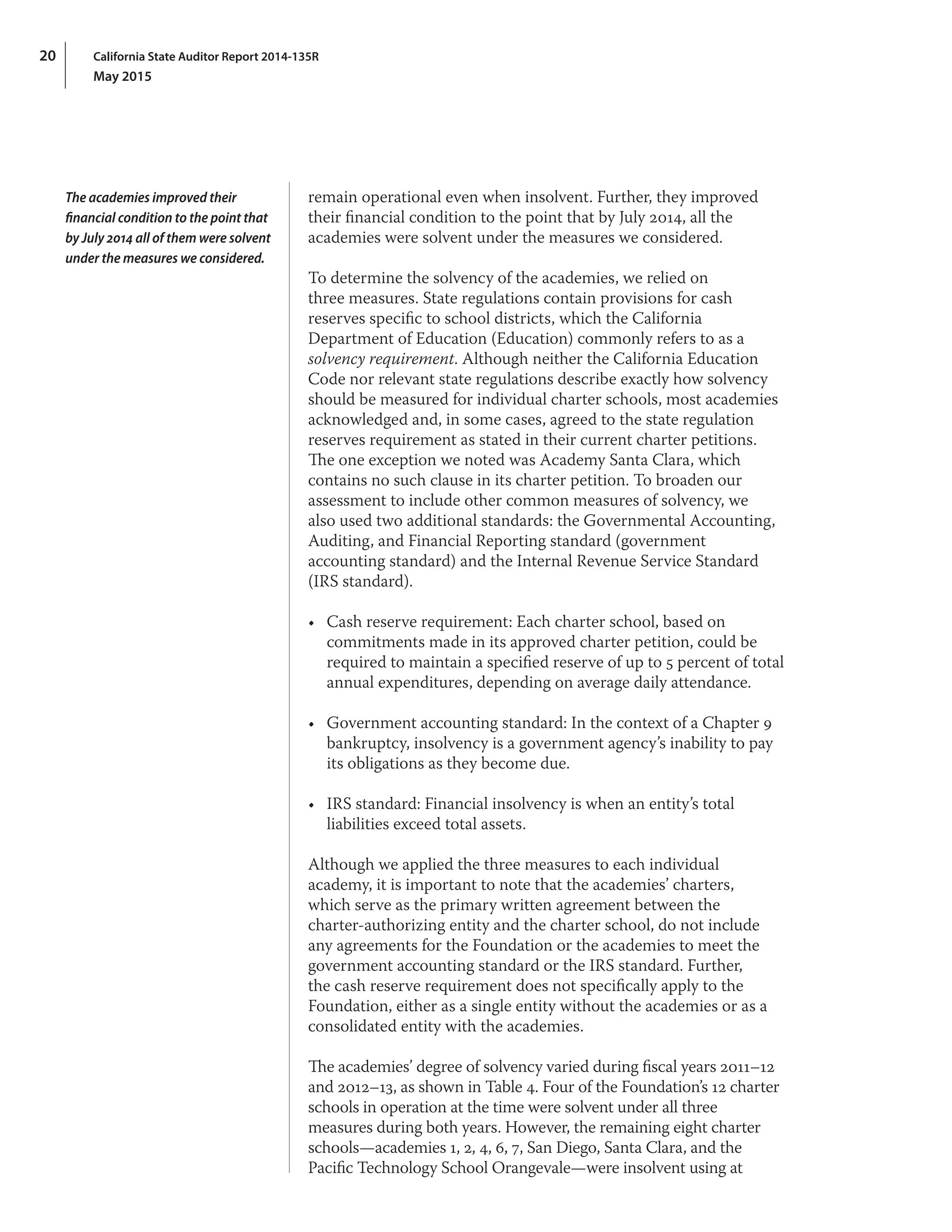 California State Auditor Report 2014-135R
May 2015
20
remain operational even when insolvent. Further, they improved
their financial condition to the point that by July 2014, all the
academies were solvent under the measures we considered.
To determine the solvency of the academies, we relied on
three measures. State regulations contain provisions for cash
reserves specific to school districts, which the California
Department of Education (Education) commonly refers to as a
solvency requirement. Although neither the California Education
Code nor relevant state regulations describe exactly how solvency
should be measured for individual charter schools, most academies
acknowledged and, in some cases, agreed to the state regulation
reserves requirement as stated in their current charter petitions.
The one exception we noted was Academy Santa Clara, which
contains no such clause in its charter petition. To broaden our
assessment to include other common measures of solvency, we
also used two additional standards: the Governmental Accounting,
Auditing, and Financial Reporting standard (government
accounting standard) and the Internal Revenue Service Standard
(IRS standard).
•	 Cash reserve requirement: Each charter school, based on
commitments made in its approved charter petition, could be
required to maintain a specified reserve of up to 5 percent of total
annual expenditures, depending on average daily attendance.
•	 Government accounting standard: In the context of a Chapter 9
bankruptcy, insolvency is a government agency’s inability to pay
its obligations as they become due.
•	 IRS standard: Financial insolvency is when an entity’s total
liabilities exceed total assets.
Although we applied the three measures to each individual
academy, it is important to note that the academies’ charters,
which serve as the primary written agreement between the
charter‑authorizing entity and the charter school, do not include
any agreements for the Foundation or the academies to meet the
government accounting standard or the IRS standard. Further,
the cash reserve requirement does not specifically apply to the
Foundation, either as a single entity without the academies or as a
consolidated entity with the academies.
The academies’ degree of solvency varied during fiscal years 2011–12
and 2012–13, as shown in Table 4. Four of the Foundation’s 12 charter
schools in operation at the time were solvent under all three
measures during both years. However, the remaining eight charter
schools—academies 1, 2, 4, 6, 7, San Diego, Santa Clara, and the
Pacific Technology School Orangevale—were insolvent using at
The academies improved their
financial condition to the point that
by July 2014 all of them were solvent
under the measures we considered.
 