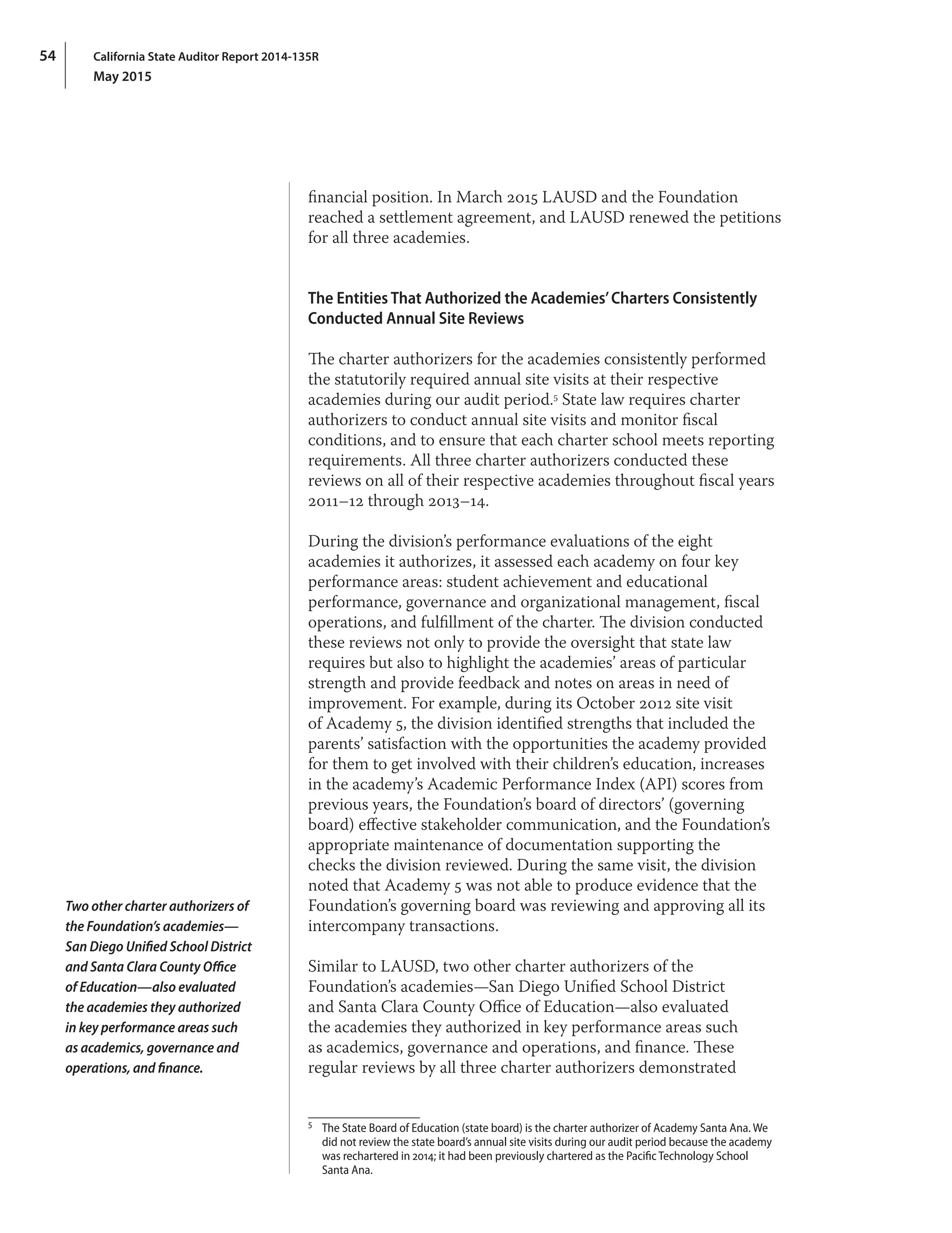 California State Auditor Report 2014-135R
May 2015
54
financial position. In March 2015 LAUSD and the Foundation
reached a settlement agreement, and LAUSD renewed the petitions
for all three academies.
The Entities That Authorized the Academies’Charters Consistently
Conducted Annual Site Reviews
The charter authorizers for the academies consistently performed
the statutorily required annual site visits at their respective
academies during our audit period.5 State law requires charter
authorizers to conduct annual site visits and monitor fiscal
conditions, and to ensure that each charter school meets reporting
requirements. All three charter authorizers conducted these
reviews on all of their respective academies throughout fiscal years
2011–12 through 2013–14.
During the division’s performance evaluations of the eight
academies it authorizes, it assessed each academy on four key
performance areas: student achievement and educational
performance, governance and organizational management, fiscal
operations, and fulfillment of the charter. The division conducted
these reviews not only to provide the oversight that state law
requires but also to highlight the academies’ areas of particular
strength and provide feedback and notes on areas in need of
improvement. For example, during its October 2012 site visit
of Academy 5, the division identified strengths that included the
parents’ satisfaction with the opportunities the academy provided
for them to get involved with their children’s education, increases
in the academy’s Academic Performance Index (API) scores from
previous years, the Foundation’s board of directors’ (governing
board) effective stakeholder communication, and the Foundation’s
appropriate maintenance of documentation supporting the
checks the division reviewed. During the same visit, the division
noted that Academy 5 was not able to produce evidence that the
Foundation’s governing board was reviewing and approving all its
intercompany transactions.
Similar to LAUSD, two other charter authorizers of the
Foundation’s academies—San Diego Unified School District
and Santa Clara County Office of Education—also evaluated
the academies they authorized in key performance areas such
as academics, governance and operations, and finance. These
regular reviews by all three charter authorizers demonstrated
5	 The State Board of Education (state board) is the charter authorizer of Academy Santa Ana. We
did not review the state board’s annual site visits during our audit period because the academy
was rechartered in 2014; it had been previously chartered as the Pacific Technology School
Santa Ana.
Two other charter authorizers of
the Foundation’s academies—
San Diego Unified School District
and Santa Clara County Office
of Education—also evaluated
the academies they authorized
in key performance areas such
as academics, governance and
operations, and finance.
 