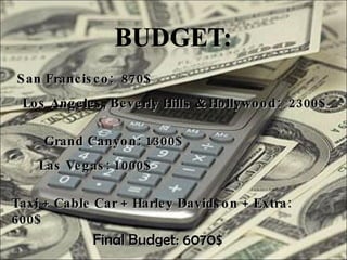 San Francisco:  870$ Los Angeles, Beverly Hills & Hollywood:  2300$ Grand Canyon: 1300$ Las Vegas:   1000$ Taxi + Cable Car + Harley Davidson + Extra: 600$ Final Budget: 6070$ 