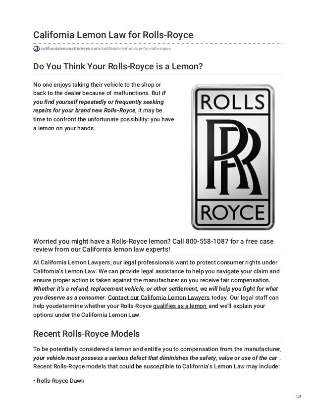 Lemon Law California >> California Lemon Law For Rolls Royce Lemon Law California >> California Lemon Law For Rolls Royce