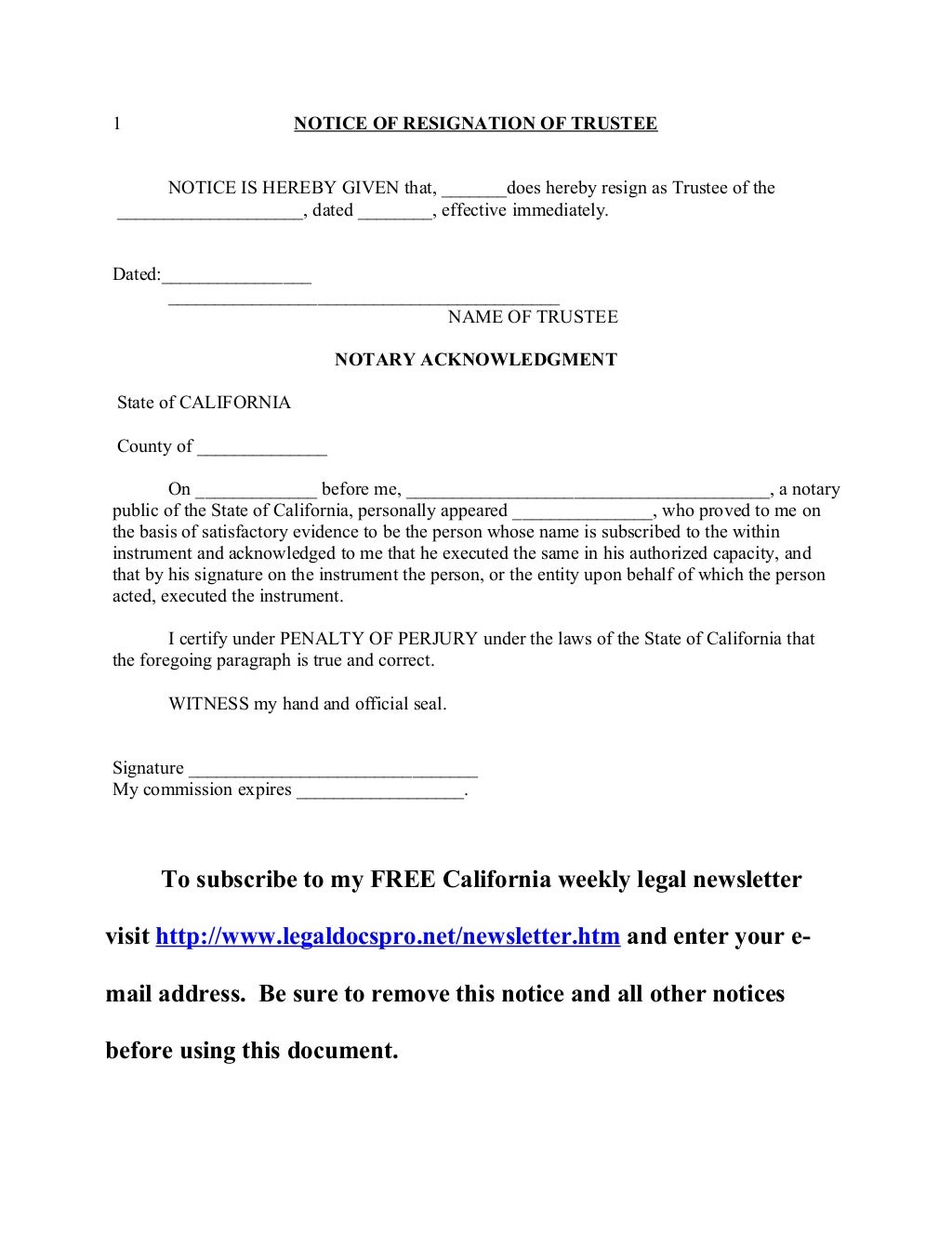 California notice of resignation of trustee