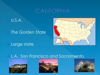 

U.S.A.



The Golden State



Large state



L.A., San Francisco and Sacramento

 
