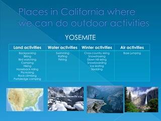 

YOSEMITE

Land activities

Water activities

Winter activities

Air activities

Backpacking
Biking
Bird watching
Camping
Hiking
Horseback riding
Picnicking
Rock climbing
Portaledge camping

Swimming
Rafting
Fishing

Cross-country skiing
Snowshoeing
Down hill skiing
Snowboarding
Ice skating
Sledding

Base jumping

 