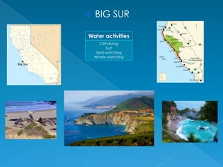 

BIG SUR

Water activities
Cliff diving
Surf
Seal watching
Whale watching

 