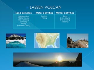

LASSEN VOLCAN

Land activities

Water activities

Winter activities

Backpacking
Wildlife viewing
Bird watching
Camping
Hiking
Horseback riding

Boating
Fishing

Skiing
Snow playing
Snowshoeing
Sledding

 