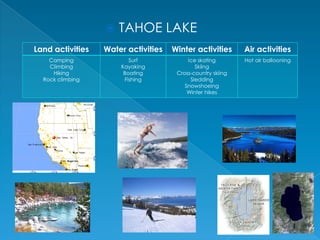 

TAHOE LAKE

Land activities

Water activities

Winter activities

Air activities

Camping
Climbing
Hiking
Rock climbing

Surf
Kayaking
Boating
Fishing

Ice skating
Skiing
Cross-country skiing
Sledding
Snowshoeing
Winter hikes

Hot air ballooning

 
