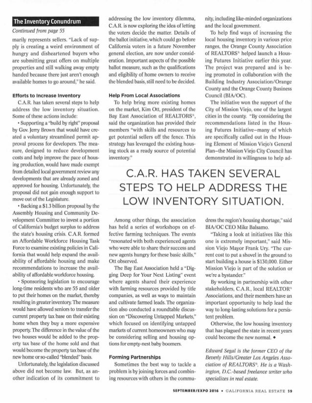 California Real Estate magazine Confronting the Inventory Conundrum, by Edward Segal