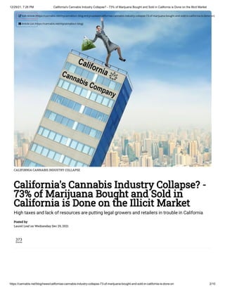 12/29/21, 7:26 PM California's Cannabis Industry Collapse? - 73% of Marijuana Bought and Sold in California is Done on the Illicit Market
https://cannabis.net/blog/news/californias-cannabis-industry-collapse-73-of-marijuana-bought-and-sold-in-california-is-done-on 2/10
CALIFORNIA CANNABIS INDUSTRY COLLAPSE
California's Cannabis Industry Collapse? -
73% of Marijuana Bought and Sold in
California is Done on the Illicit Market
High taxes and lack of resources are putting legal growers and retailers in trouble in California
Posted by:

Laurel Leaf on Wednesday Dec 29, 2021
373
Shares
 Edit Article (https://cannabis.net/mycannabis/c-blog-entry/update/californias-cannabis-industry-collapse-73-of-marijuana-bought-and-sold-in-california-is-done-on)
 Article List (https://cannabis.net/mycannabis/c-blog)
 