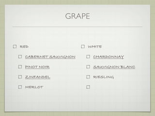 GRAPE


RED                   WHITE

 CABERNET SAUVIGNON    CHARDONNAY

 PINOT NOIR            SAUVIGNON BLANC

 ZINFANDEL             RIESLING

 MERLOT
 