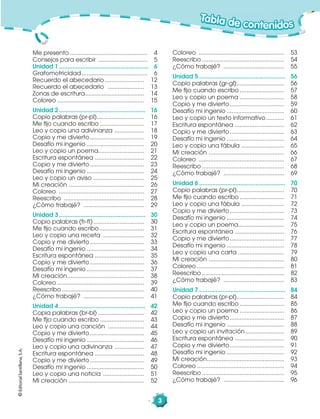 3
©EditorialSantillana,S.A. Tabla de contenidos
Me presento ............................................... 4
Consejos para escribir .............................. 5
Unidad 1 ...................................................... 6
Grafomotricidad ........................................ 6
Recuerdo el abecedario ........................ 12
Recuerdo el abecedario ...................... 13
Zonas de escritura.................................... 14
Coloreo ..................................................... 15
Unidad 2 .................................................... 16
Copio palabras (pr-pl)............................. 16
Me ﬁjo cuando escribo ........................... 17
Leo y copio una adivinanza .................. 18
Copio y me divierto ................................. 19
Desafío mi ingenio ................................... 20
Leo y copio un poema............................ 21
Escritura espontánea .............................. 22
Copio y me divierto ................................. 23
Desafío mi ingenio ................................... 24
Leo y copio un aviso ............................... 25
Mi creación .............................................. 26
Coloreo .................................................... 27
Reescribo ................................................. 28
¿Cómo trabajé? ..................................... 29
Unidad 3 .................................................... 30
Copio palabras (fr-fl)............................... 30
Me ﬁjo cuando escribo ........................... 31
Leo y copio una receta ......................... 32
Copio y me divierto ................................. 33
Desafío mi ingenio ................................... 34
Escritura espontánea .............................. 35
Copio y me divierto ................................. 36
Desafío mi ingenio ................................... 37
Mi creación............................................... 38
Coloreo ..................................................... 39
Reescribo .................................................. 40
¿Cómo trabajé? ..................................... 41
Unidad 4 .................................................... 42
Copia palabras (br-bl) ............................ 42
Me ﬁjo cuando escribo ........................... 43
Leo y copio una canción ...................... 44
Copio y me divierto ................................. 45
Desafío mi ingenio ................................... 46
Leo y copio una adivinanza .................. 47
Escritura espontánea .............................. 48
Copio y me divierto ................................. 49
Desafío mi ingenio ................................... 50
Leo y copio una noticia ......................... 51
Mi creación .............................................. 52
Coloreo .................................................... 53
Reescribo .................................................. 54
¿Cómo trabajé? ..................................... 55
Unidad 5 .................................................... 56
Copio palabras (gr-gl)............................. 56
Me ﬁjo cuando escribo ........................... 57
Leo y copio un poema ........................... 58
Copio y me divierto ................................. 59
Desafío mi ingenio ................................... 60
Leo y copio un texto informativo........... 61
Escritura espontánea .............................. 62
Copio y me divierto ................................. 63
Desafío mi ingenio ................................... 64
Leo y copio una fábula .......................... 65
Mi creación .............................................. 66
Coloreo .................................................... 67
Reescribo .................................................. 68
¿Cómo trabajé? ..................................... 69
Unidad 6 .................................................... 70
Copio palabras (pr-pl)............................. 70
Me ﬁjo cuando escribo ........................... 71
Leo y copio una fábula .......................... 72
Copio y me divierto ................................. 73
Desafío mi ingenio ................................... 74
Leo y copio un poema............................ 75
Escritura espontánea .............................. 76
Copio y me divierto ................................. 77
Desafío mi ingenio ................................... 78
Leo y copio una carta ............................ 79
Mi creación .............................................. 80
Coloreo ..................................................... 81
Reescribo .................................................. 82
¿Cómo trabajé? ..................................... 83
Unidad 7 .................................................... 84
Copio palabras (pr-pl)............................. 84
Me ﬁjo cuando escribo ........................... 85
Leo y copio un poema ........................... 86
Copio y me divierto ................................. 87
Desafío mi ingenio ................................... 88
Leo y copio un invitación........................ 89
Escritura espontánea .............................. 90
Copio y me divierto ................................. 91
Desafío mi ingenio ................................... 92
Mi creación............................................... 93
Coloreo ..................................................... 94
Reescribo .................................................. 95
¿Cómo trabajé? ..................................... 96
 