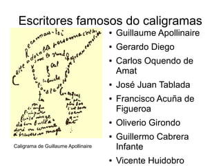 Escritores famosos do caligramas
                                     ●   Guillaume Apollinaire
                                     ●   Gerardo Diego
                                     ●   Carlos Oquendo de
                                         Amat
                                     ●   José Juan Tablada
                                     ●   Francisco Acuña de
                                         Figueroa
                                     ●   Oliverio Girondo
                                     ●   Guillermo Cabrera
Caligrama de Guillaume Apollinaire       Infante
                                     ●   Vicente Huidobro
 