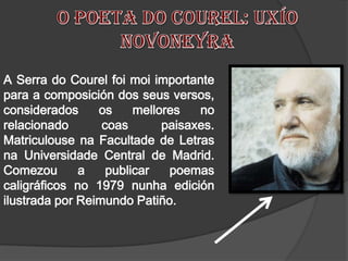 A Serra do Courel foi moi importante
para a composición dos seus versos,
considerados     os     mellores   no
relacionado       coas       paisaxes.
Matriculouse na Facultade de Letras
na Universidade Central de Madrid.
Comezou       a    publicar   poemas
caligráficos no 1979 nunha edición
ilustrada por Reimundo Patiño.
 