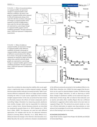     |  3
PARODI et al.
shows this correlation by observing that viability after acute appli-
cation is significantly lower in iodine-­
exposed samples, signaling
that decreased motility indicates increased mortality. Table 1 sum-
marizes different compounds’ effects on Caligus parasite motility,
including the effect of acute taurine application that increased
straight copepod motion. In the end, our protocol has been shown
to effectively measure the effects of known compounds used in
controlling Caligus infestation by measuring parasite planktonic
form motility changes, which may be responsible for reinfection
cases in salmon farms. Several bioassay protocols are described
for studying this parasite (Aaen et al., 2015; Espedal et al., 2013;
Guo  Woo, 2009). The bioassays are used but with different
approaches, for example with sea lice, for observed resistance,
chemical screening (Marin, Mancilla, et al., 2018; Whyte et al.,
2016) and observed change in the infection ratio (Gonzalez et al.,
2016). Recently, the sea lice conference showed a standardization
of the different protocols presented in the handbook (Marin et al.,
2018; Marin, Mancilla, et al., 2018). Our data suggest that the pro-
tocol can be used for pharmacological studies of different drugs
used to treat Caligus infections, as well as observing at which
doses changes in planktonic motility can be observed using non-­
lethal doses of these drugs. We can observe that molecules such
as taurine and iodine affect motility (Figure 4A), but a different
mechanism is suggested, where iodine seems to be more toxic on
copepods (Figure 4C). The protocol we present stands as a low-­
cost, efficient alternative to explore new drug solutions or even
advance the knowledge of current ones used today in the industry,
prior to final testing in an in vivo study.
ACKNOWLEDGEMENTS
Jorge Parodi receives support from Project IO 101340 and 101322
of Universidad Mayor.
FI G U R E 2 Effect of neurotransmitters
on copepod motility. (a) represents
changes in copepod motility under
different conditions. (b) shows a dot
graph of copepod motility when exposed
to 100 µM of glutamate along a time
scale (0 to 60 min). (c) shows a dot graph
of changes in copepod motility when
exposed to 50 µM of GABA along a
time scale (0 to 60 min). Both graphs
are expressed as a percentage change
in copepod motility against control
conditions (seawater). The dots represent
mean ± SEM and represent 9 independent
experiments
FI G U R E 3 Effect of iodide on
copepod motility. (a) represents changes
in copepod motility under different
conditions. (b) shows a dot graph of
copepod motility when exposed to iodide
at different concentrations (0 to 100 gr/
lt). (c) shows a dot graph of motility when
copepods are exposed to 10gr/lt of GABA
along a time scale (0 to 60 min). Both
graphs are expressed as a percentage
change in copepod motility against control
conditions (seawater). The dots represent
mean ± SEM and represent 9 independent
experiments
 
