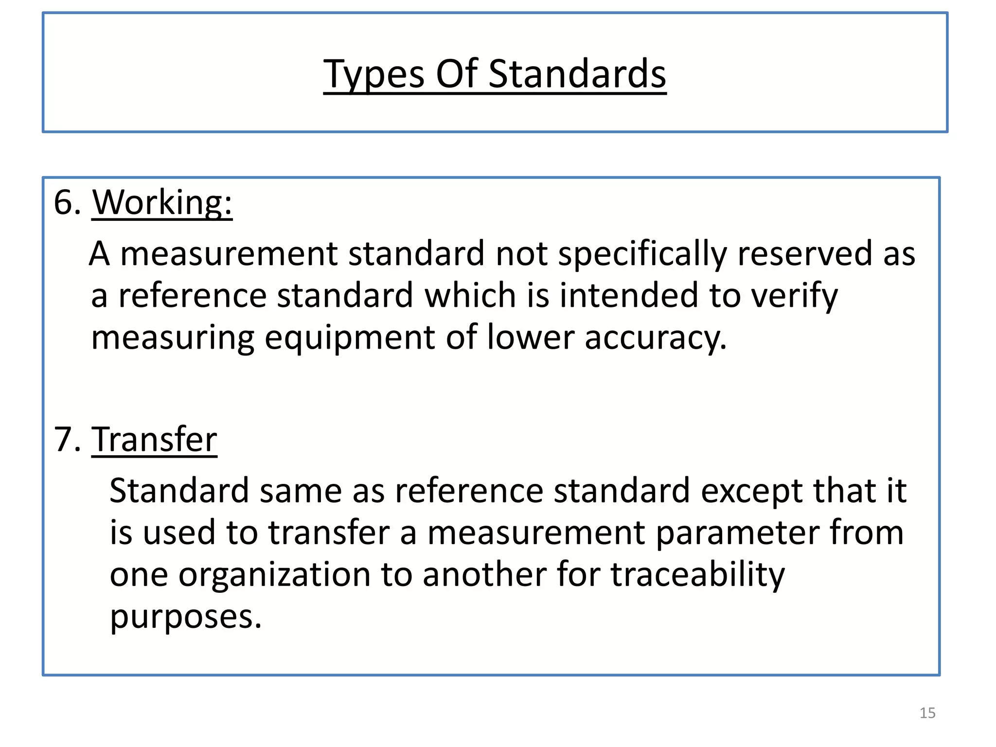Types Of Standards
6. Working:
A measurement standard not specifically reserved as
a reference standard which is intended to verify
measuring equipment of lower accuracy.
7. Transfer
Standard same as reference standard except that it
is used to transfer a measurement parameter from
one organization to another for traceability
purposes.
15

 