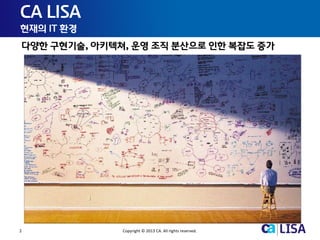 2 Copyright © 2013 CA. All rights reserved.
CA LISA
현재의 IT 환경
다양한 구현기술, 아키텍쳐, 운영 조직 분산으로 인한 복잡도 증가
 