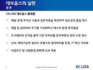 26 Copyright © 2013 CA. All rights reserved.
데브옵스의 실현
결 론
 개발-운영 조직간 소통과 상호작용을 촉진하여 생산성과 품질 제고
 개발 및 딜리버리 주기를 가속화하고 테스트 환경 투자절감
 도구체인의 간극을 줄여 기존 인프라를 유지하면서 관리 수준 제고
 신속, 예측가능한 릴리즈 흐름으로 딜리버리를 단축, IT 혁신 가속화
 사업요구 및 사업환경 변화에 신속 대응
CA LISA 데브옵스 플랫폼
 