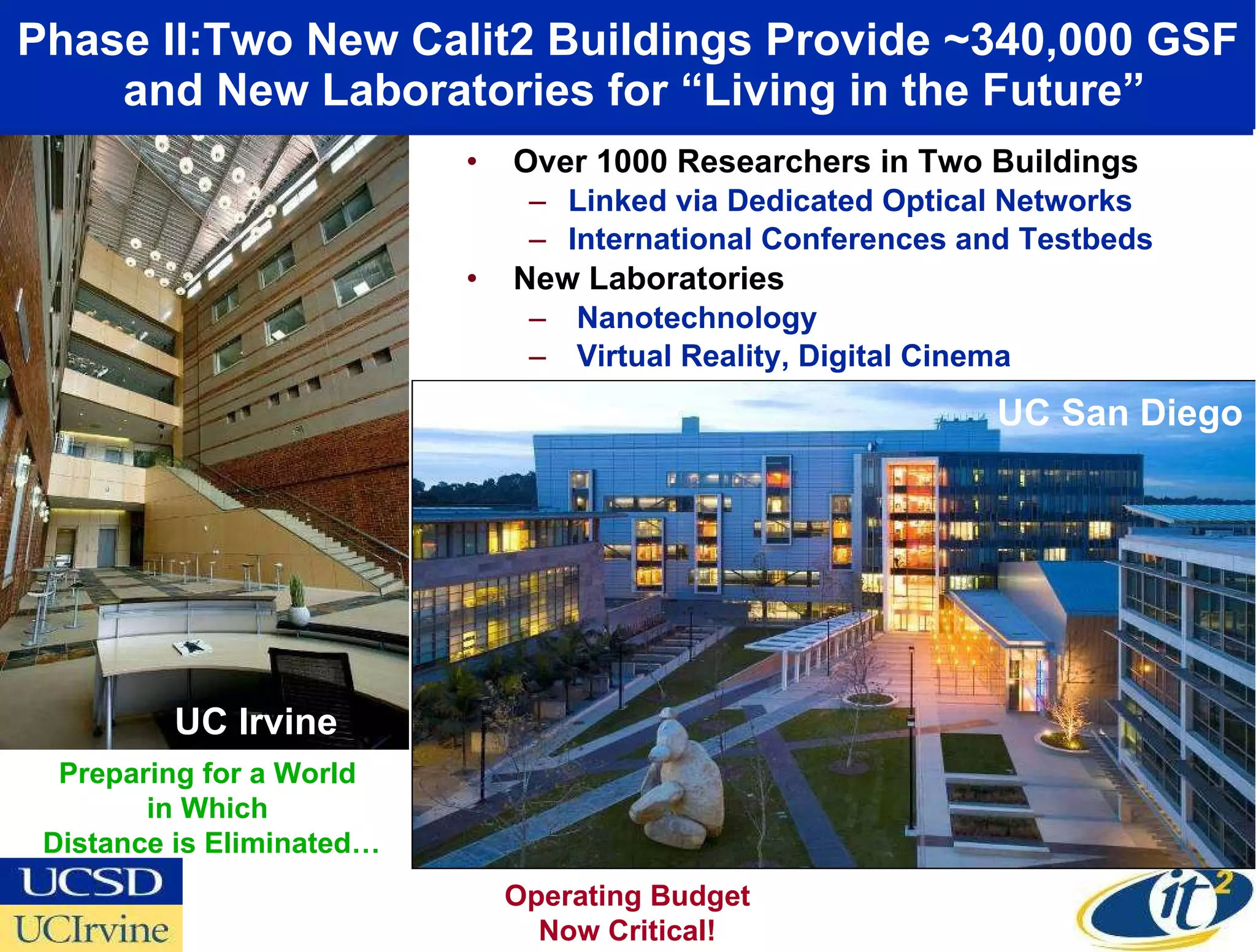 Phase II:Two New Calit2 Buildings Provide ~340,000 GSF  and New Laboratories for “Living in the Future” Over 1000 Researchers in Two Buildings Linked via Dedicated Optical Networks International Conferences and Testbeds New Laboratories Nanotechnology Virtual Reality, Digital Cinema UC Irvine Operating Budget Now Critical! Preparing for a World  in Which  Distance is Eliminated… UC San Diego 