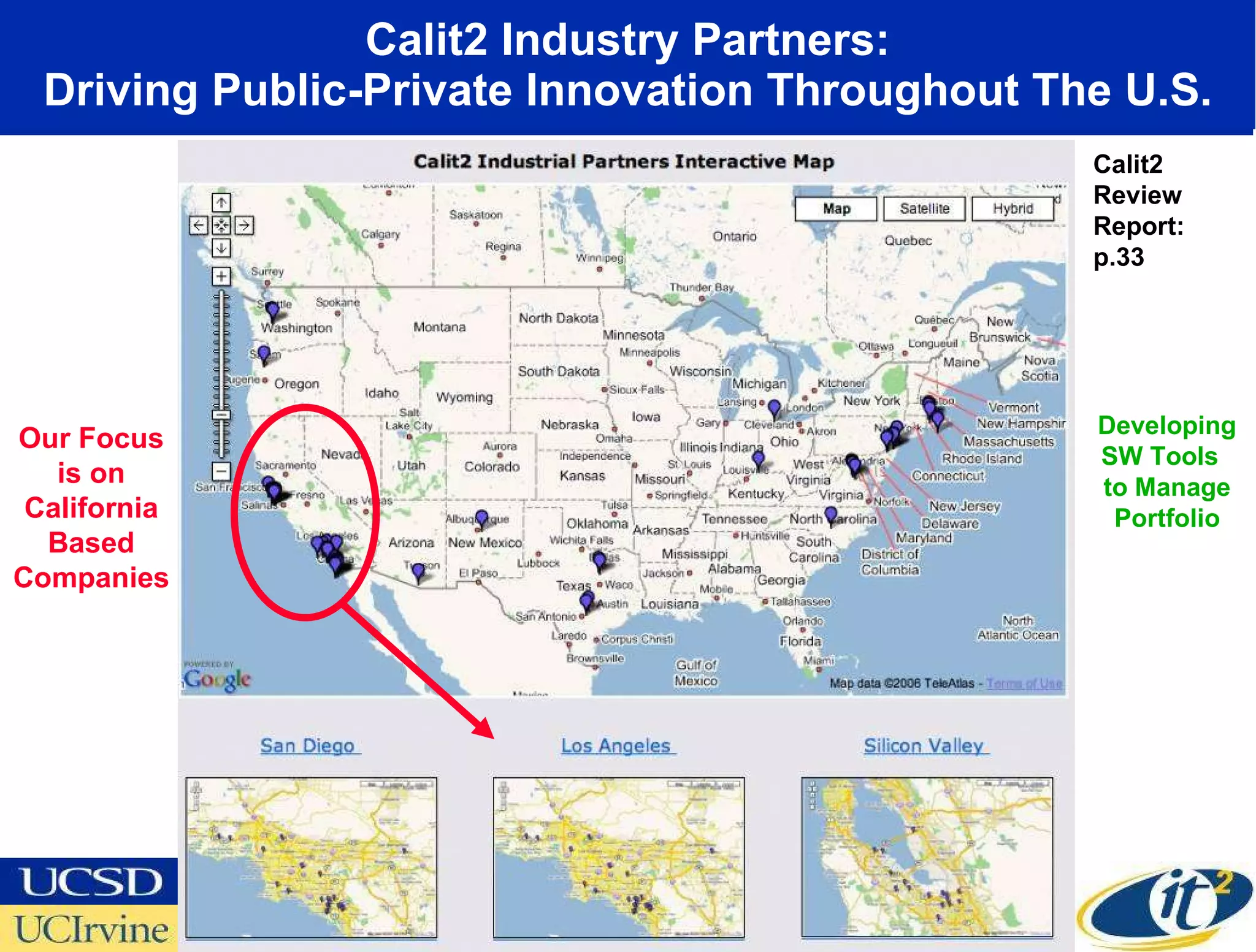 Calit2 Industry Partners: Driving Public-Private Innovation Throughout The U.S. Our Focus is on California Based Companies Calit2 Review Report: p.33 Developing SW Tools  to Manage Portfolio 